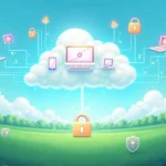 Representação digital de backup na nuvem, com ícones de dados flutuando entre nuvens brancas.