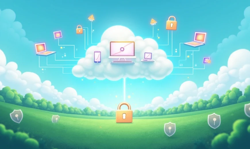 Representação digital de backup na nuvem, com ícones de dados flutuando entre nuvens brancas.