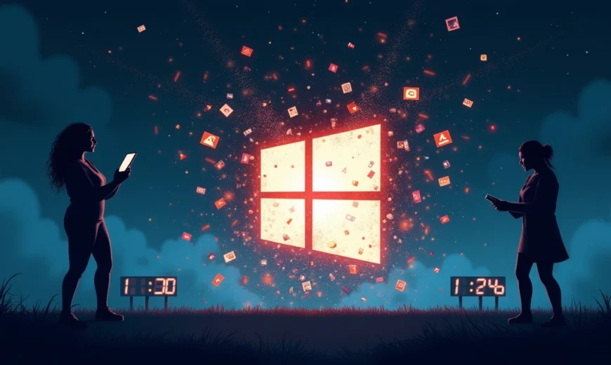 Ilustração representando o fim do suporte ao Windows 10, com logo em fade e usuários frustrados.