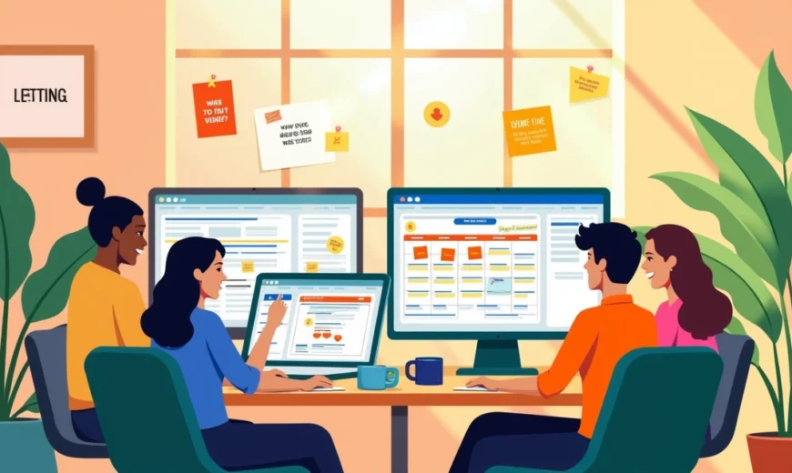 Profissionais em um escritório utilizando Outlook e Bookings, com tela de calendário e ambiente produtivo.