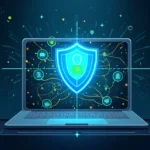 Representação artística de uma rede privada virtual (VPN) com um escudo digital e fluxos de dados ao redor.