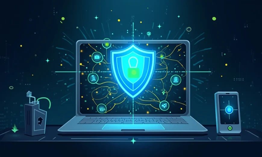Representação artística de uma rede privada virtual (VPN) com um escudo digital e fluxos de dados ao redor.