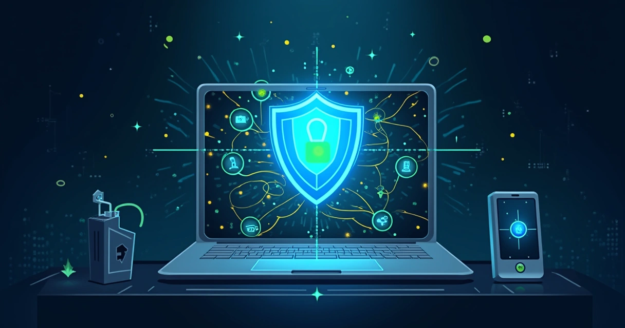 Representação artística de uma rede privada virtual (VPN) com um escudo digital e fluxos de dados ao redor.