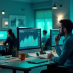 Equipe de suporte de TI em um escritório moderno, trabalhando em colaboração e resolvendo problemas tecnológicos.