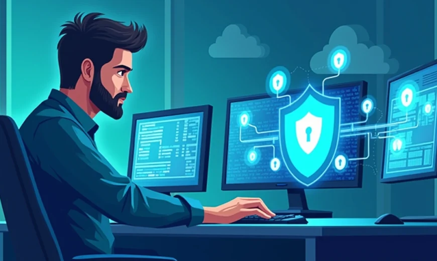 Profissional de TI atualizando sistema com telas de segurança digital ao fundo