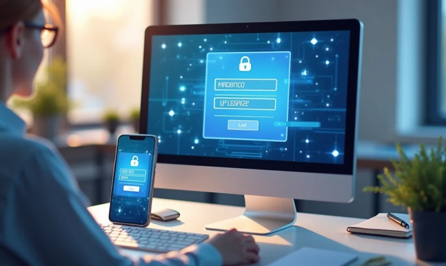 Computador com tela mostrando autenticação multifator e ícones de segurança digital ao redor