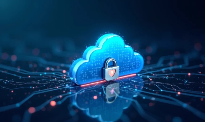 Ilustração de nuvem digital protegida com cadeado e escudo representando segurança e backup em nuvem