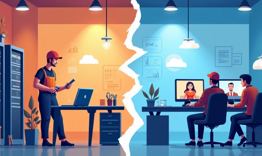 Ilustração dividida mostrando técnico local trabalhando com ferramentas e escritório de consultoria remota com profissionais em vídeo chamada