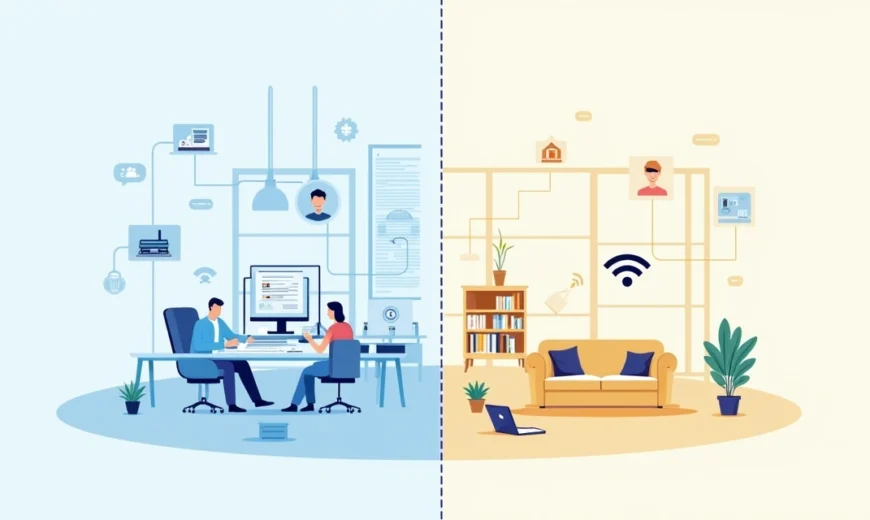 Comparação visual entre rede Wi-Fi corporativa com múltiplos dispositivos e equipamentos avançados e Wi-Fi residencial com roteador doméstico e poucos dispositivos conectados