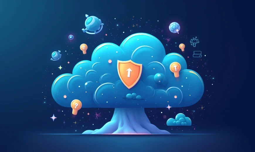 Ilustração de tela de computador exibindo um painel de controle de conformidade de dados na nuvem com ícones de segurança e proteção digital