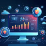 Tela digital com gráficos e ícones relacionados a gestão de licenças de software e segurança da informação