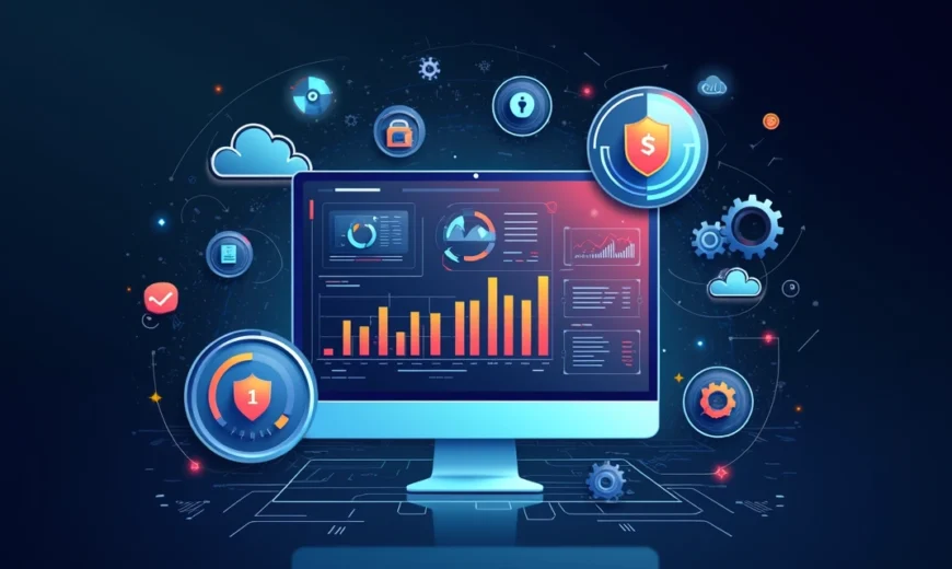 Tela digital com gráficos e ícones relacionados a gestão de licenças de software e segurança da informação