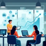 Equipe de profissionais de TI trabalhando em ambiente moderno e colaborativo com gráficos e ícones digitais ao fundo