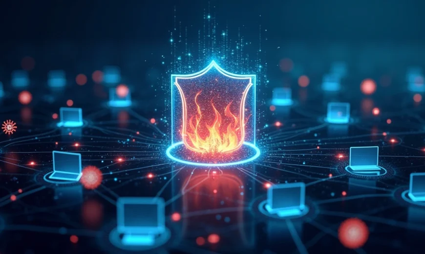 Interface digital mostrando um firewall ativo protegendo uma rede empresarial contra ameaças cibernéticas