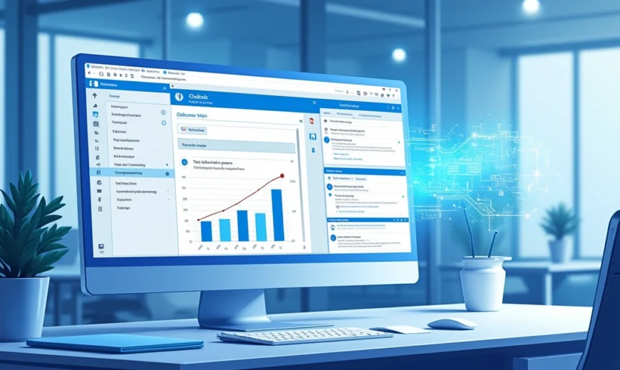 Tela de computador com interface do Microsoft 365 integrada usando Copilot, mostrando gráficos, emails e calendário sincronizados