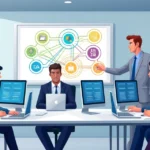 Equipe de profissionais em escritório durante treinamento sobre integração de sistemas com computadores e gráficos de conexões digitais na tela