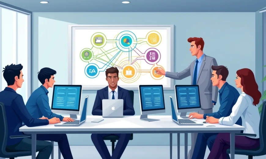 Equipe de profissionais em escritório durante treinamento sobre integração de sistemas com computadores e gráficos de conexões digitais na tela
