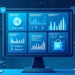 Tela de computador mostrando painel de monitoramento de ativos de TI com gráficos, alertas e dispositivos conectados