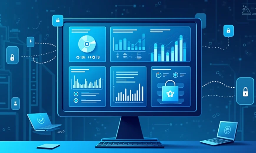 Tela de computador mostrando painel de monitoramento de ativos de TI com gráficos, alertas e dispositivos conectados