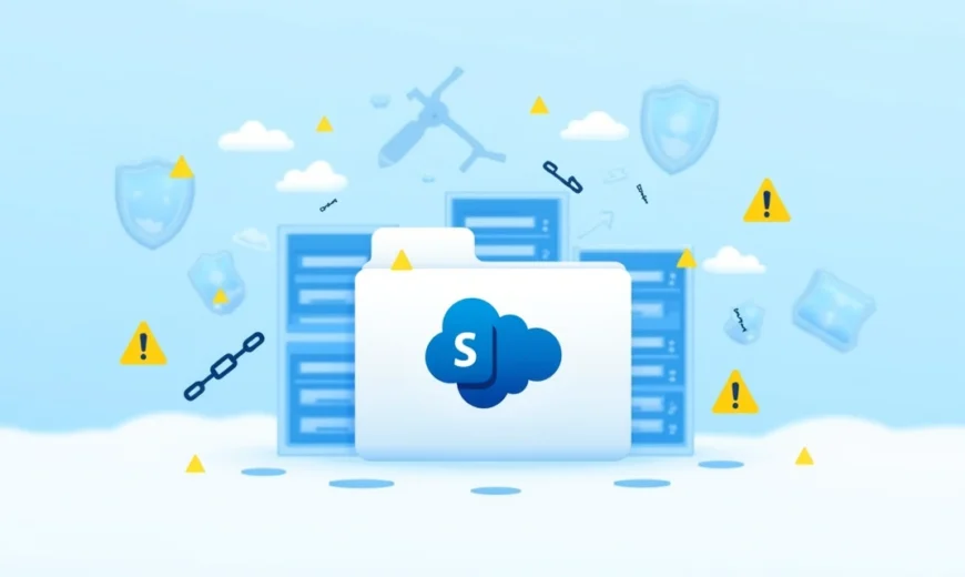 Illustration showing a digital folder with warning icons and broken chains representing risk of data loss in SharePoint