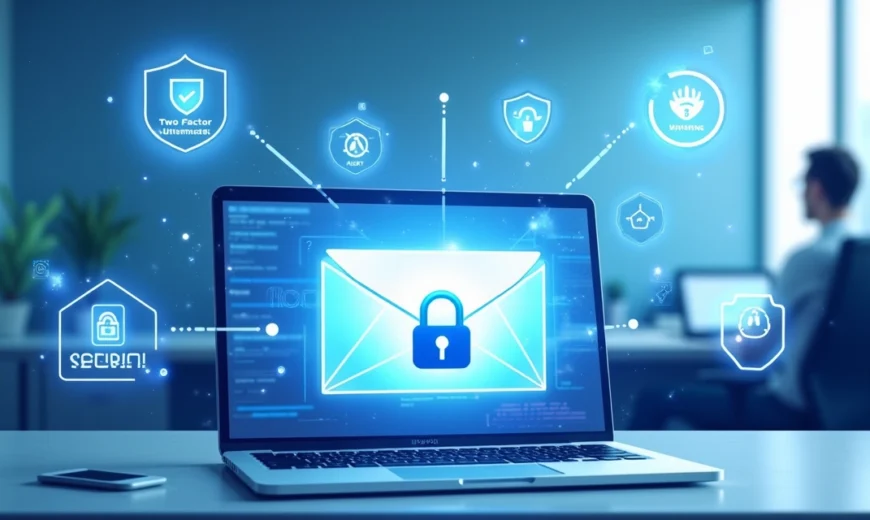 Computador mostrando e-mail com cadeado digital e ícones de segurança ao redor