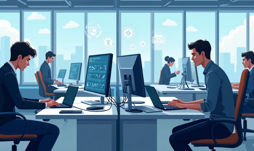 Profissionais de TI configurando equipamentos para trabalho híbrido em escritório moderno