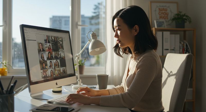 Escritório com mesa de madeira, laptop exibindo Microsoft 365, papéis organizados, smartphone e planta pequena.