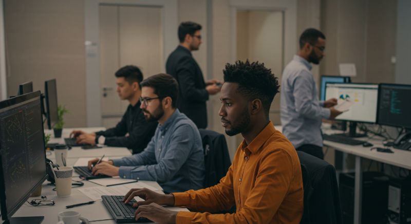 Profissionais analisando um mapa de rede em uma tela grande, destacando vulnerabilidades em um escritório moderno.