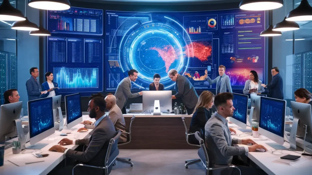 Tela digital mostra análises de dados em um escritório moderno com profissionais colaborando.