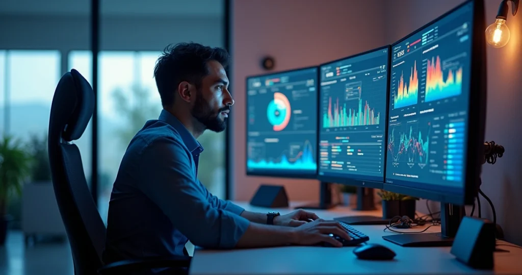 Profissional de TI analisando gráficos de desempenho em múltiplas telas de computador em ambiente de escritório moderno
