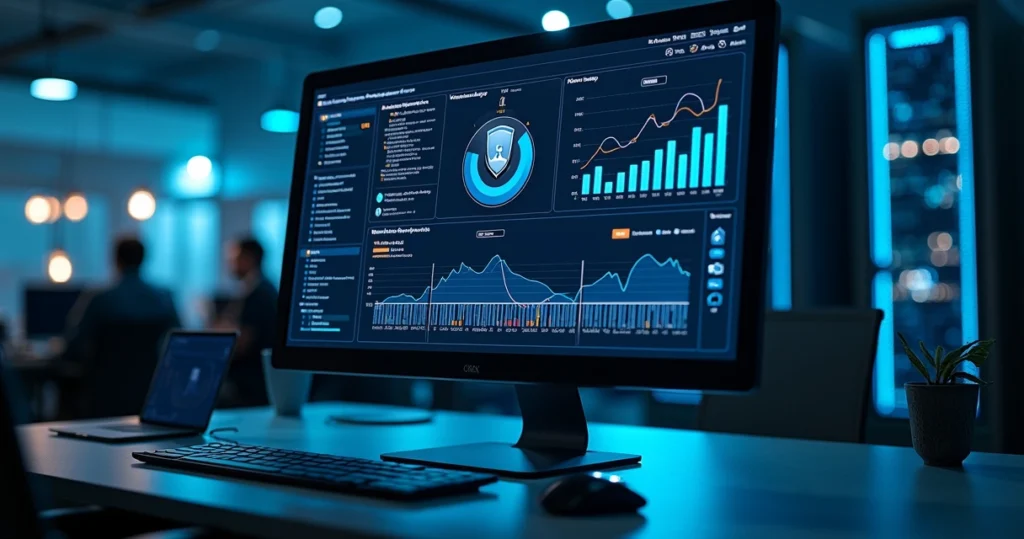 Tela de computador exibindo análise de vulnerabilidades com gráficos de riscos e ícones de segurança digital