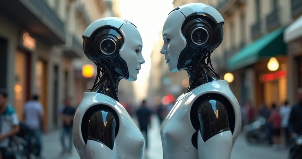 Assistente de inteligência artificial interagindo com usuários em ambiente urbano brasileiro altamente tecnológico