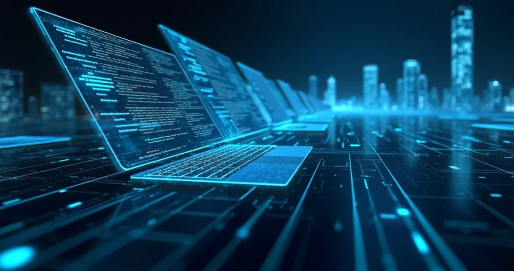 Ilustração de ataque cibernético autônomo por IA com interface digital complexa, códigos e redes em azul e preto