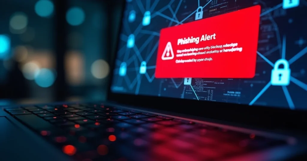 Monitor de computador com alerta de phishing na tela, teclado em foco, fundo escuro com elementos digitais de segurança cibernética