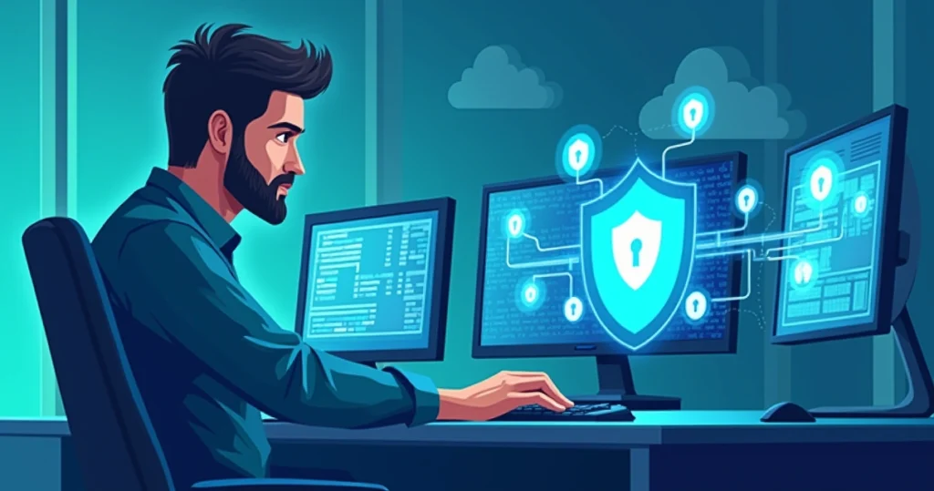 Profissional de TI atualizando sistema com telas de segurança digital ao fundo