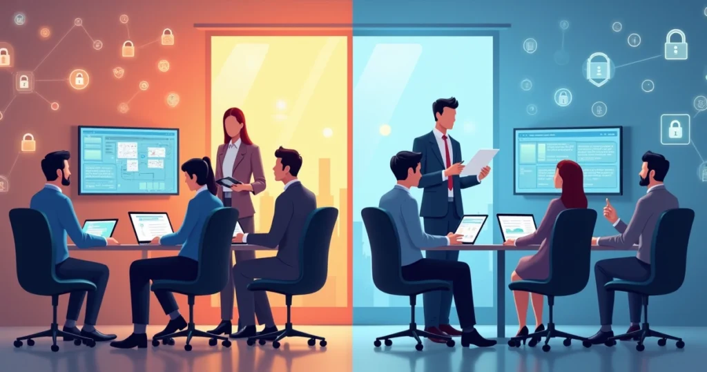 Comparação visual entre auditoria de segurança interna e terceirizada em ambiente corporativo