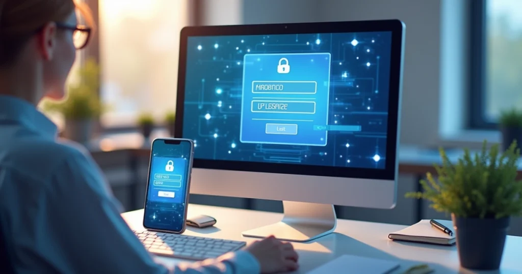 Computador com tela mostrando autenticação multifator e ícones de segurança digital ao redor