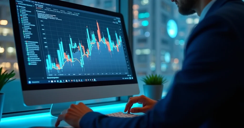 Profissional de contabilidade utilizando computador com gráficos financeiros digitais e ícones de inteligência artificial ao redor