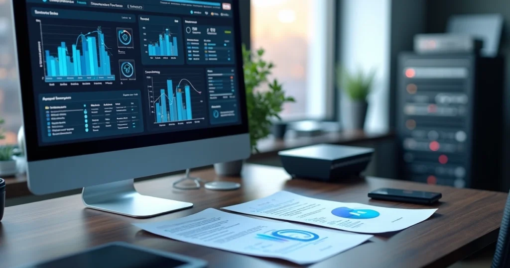 Computador com telas mostrando gráficos de desempenho e ícones de nuvem, segurança e contrato digital em ambiente tecnológico moderno