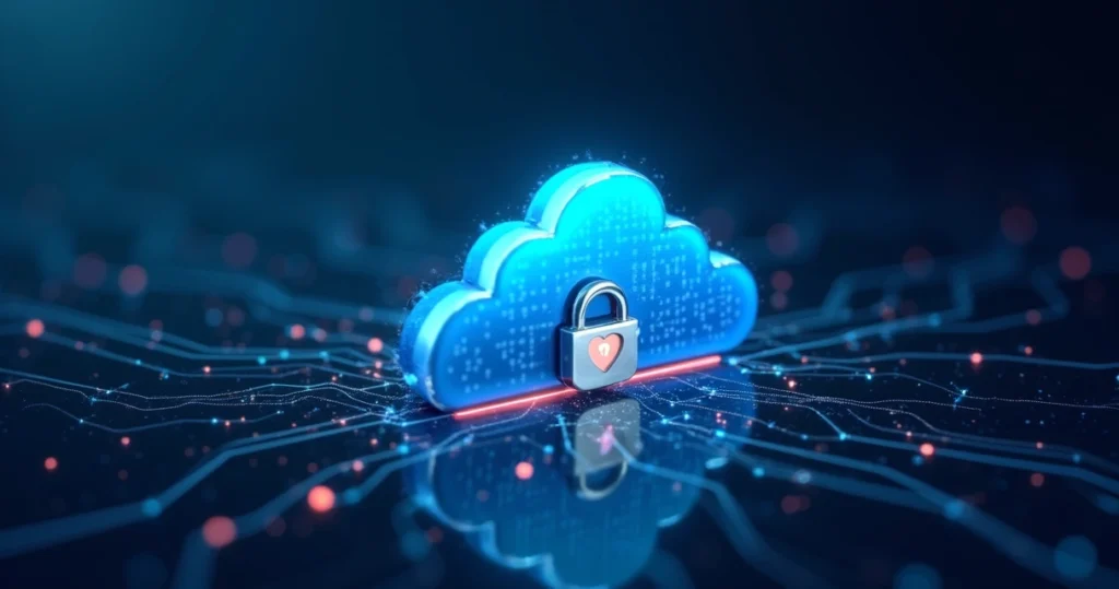 Ilustração de nuvem digital protegida com cadeado e escudo representando segurança e backup em nuvem