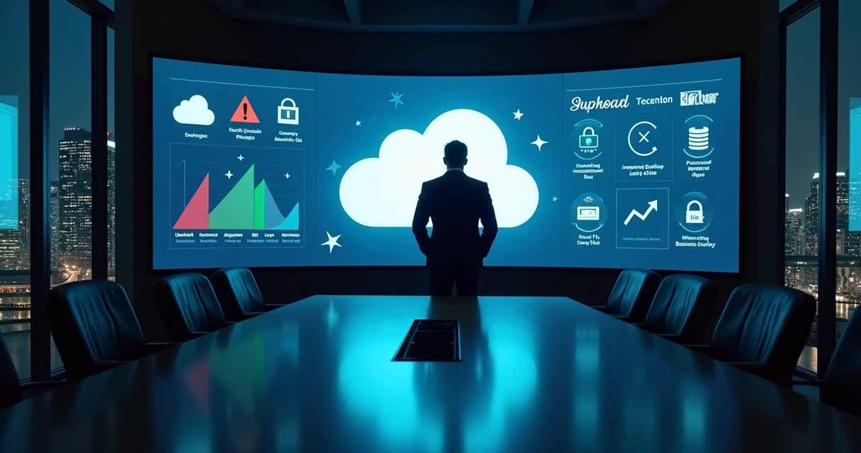 Gestor observando painel de nuvem com alertas de risco e ícones de backup em destaque