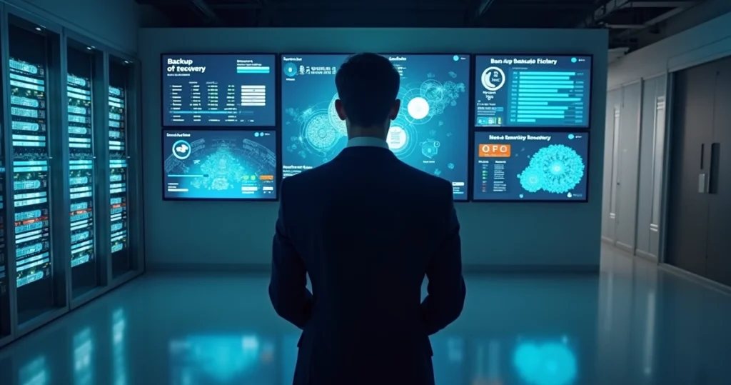 Gestor observando painel de backup e recuperação de desastres na empresa