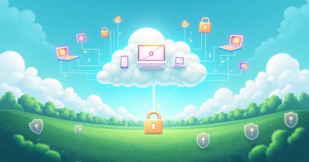 Representação digital de backup na nuvem, com ícones de dados flutuando entre nuvens brancas.