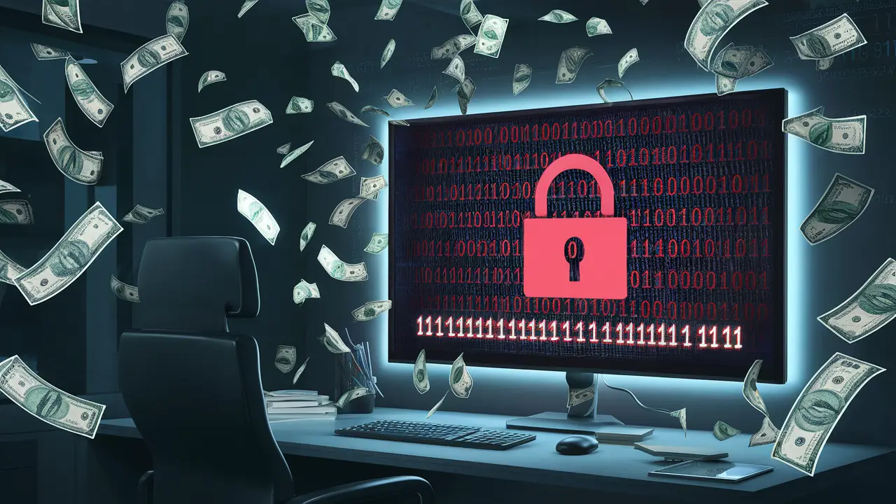 Uma tela de computador exibindo um cadeado vermelho e código binário em um escritório escuro com notas de dólar flutuando.