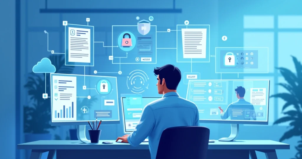 Profissional de TI avaliando segurança durante migração de fornecedor com gráficos e cadeados digitais na tela