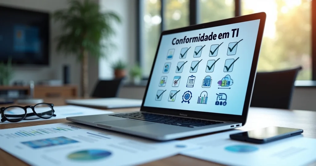 Mesa de trabalho com checklist de conformidade em TI mostrado em laptop e documentos ao redor com gráficos e ícones tecnológicos
