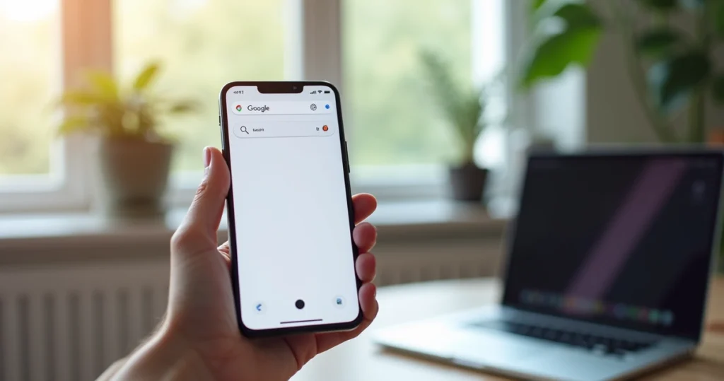 Smartphone mostrando o navegador Chrome em modo IA com botão dedicado na tela, ambiente moderno e luz natural