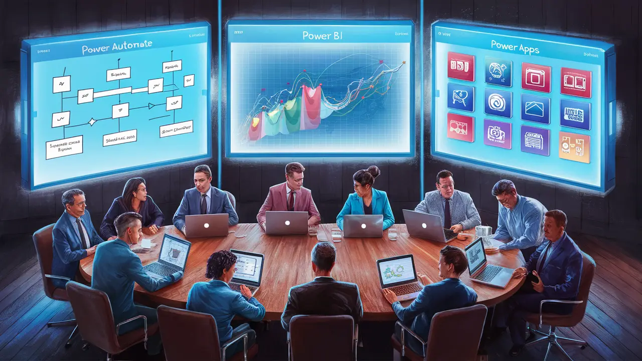 Pessoas em escritório colaborando em torno de mesa com telas digitais mostrando Power Automate, Power BI e Power Apps.