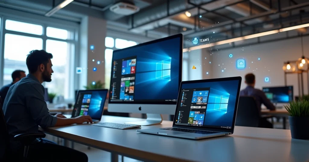 Computadores com telas exibindo interfaces do SharePoint, Teams, Google Drive e Google Meet em ambiente de escritório moderno