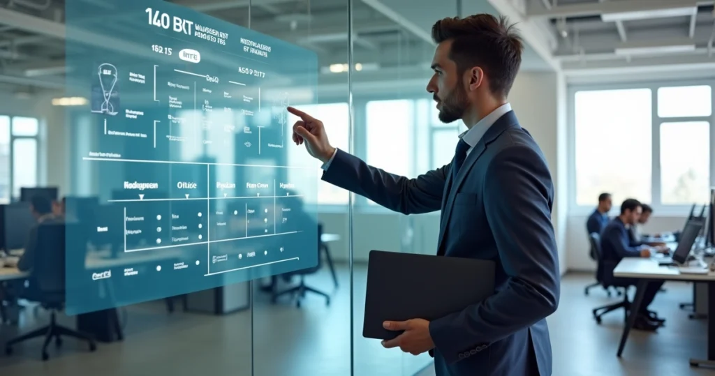 Gestor de TI analisando comparativo de processadores em painel digital em escritório moderno